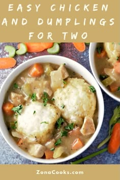 two bowls filled with chicken and dumplings next to carrots