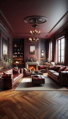 a living room filled with furniture and a fire place in the middle of it's walls