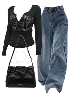 Slim Long Sleeve Tee + 0s Baggy Boyfriend Jeans + Leather Shoulder Bag Good Aesthetic Outfits, 90s Outfit Baggy Jeans, Clothes With Baggy Jeans, Long Jean Outfits, Loose Baggy Jeans Outfit, Pretty Clothes Aesthetic, Cute Outfits With Baggy Jeans, Fitted Tee Outfit, Dressed Up Jeans Outfit