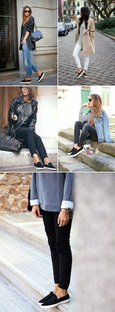 Slip On Sneakers.... in a variety of outfits Loafers Outfits, How To Wear Loafers, Sneaker Outfits, Sneaker Style, Black Vans, Winter Outfits For Work, Style Sneakers, Comfy Fashion