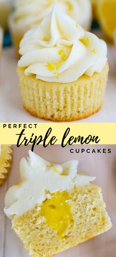 cupcakes with white frosting and lemon zest on top are shown side by side