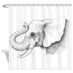 an elephant shower curtain with a drawing of it's trunk and tusks