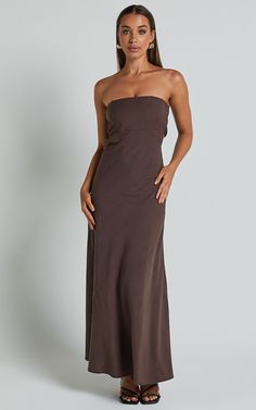 Elerie Maxi Dress - Strapless Linen Dress in Chocolate | Showpo USA Summer Wedding Guest Dress Casual, Strapless Dress Outfit, Classy Formal Dresses, Brown Linen Dress, Slip Dress Style, Chocolate Product, Brown Strapless Dress, Maxi Linen Dress, Linen Slip Dress