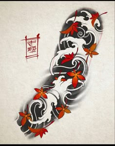 an artistic tattoo design with red and orange flowers on white paper, in the shape of a wave