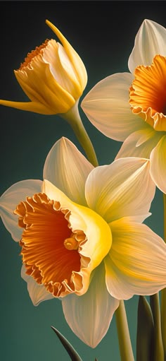 three yellow and white flowers on a green background