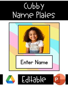 a name badge with an image of a child's face and the words cubby name plates