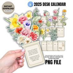 a hand holding a calendar with flowers on it and the words instant printable desk calendar