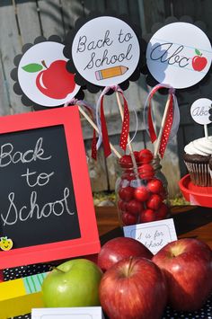 back to school party with apples and cupcakes