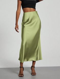 Women's Elastic Satin Slip Maxi Skirt Mint Green Elegant   Polyester Plain Mermaid Non-Stretch  Women Clothing, size features are:Bust: ,Length: ,Sleeve Length: Rok Outfit, Outfit Elegantes, Silk Texture, Bride Lingerie, Maxi Rok, Satin Midi Skirt, Mid Length Skirts, Satin Slip, Satin Silk