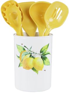 yellow utensils in a white cup with lemons on it