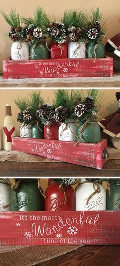 two pictures of christmas decorations in red and green containers on top of a wooden shelf