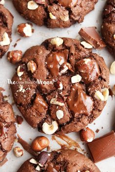 vegan chocolate hazelnut cookies on a white surface with text overlay that reads, vegan chocolate hazelnut cookies