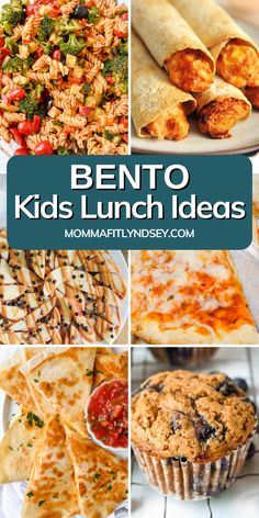 a collage of kids lunch ideas with text overlay that reads bento kids lunch ideas