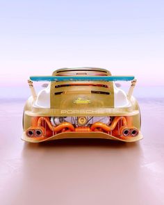 an image of a car that is in the middle of some sand and water with it's hood up