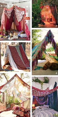 four different pictures of an outdoor tent with curtains on the outside and in the inside