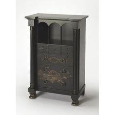 an ornate black cabinet with drawers on wheels