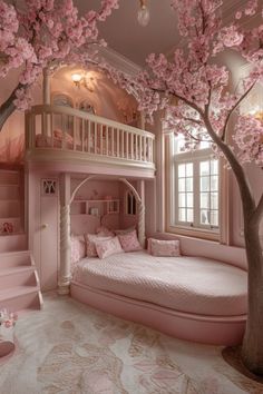 a bedroom with pink walls and white bedding in the center, surrounded by cherry blossom trees