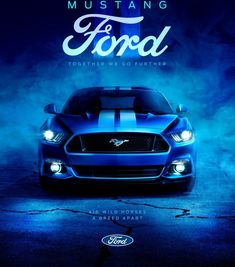 a blue mustang car with the words ford on it