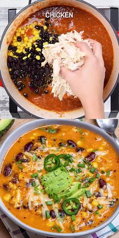 someone is stirring a bowl of chili with tortilla chips and avocado