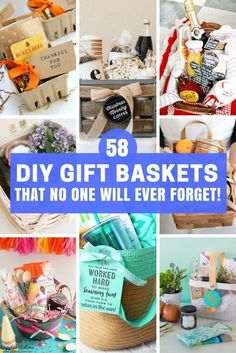 some baskets that are filled with items and the words, diy gift baskets that no one will ever forget