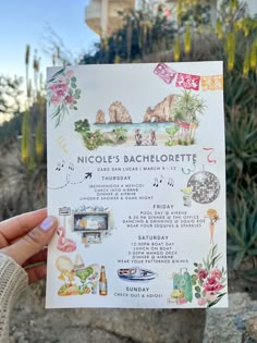 a person holding up a poster with pictures on it in front of some cactus plants