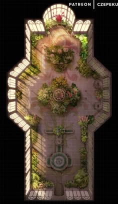 an aerial view of a garden with lots of plants and flowers on it, from above