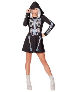 a woman dressed in a skeleton costume