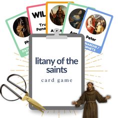 a clipboard with cards and scissors on it that says, library of the saints card game