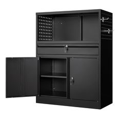 a black metal cabinet with doors and shelves