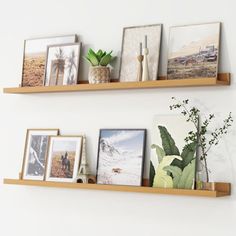 two wooden shelves with pictures and plants on them