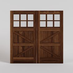 an open wooden double door with glass panels on the top and bottom panel, against a white background