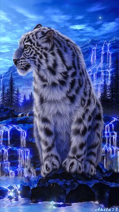 a painting of a white tiger sitting in front of a blue sky with mountains and trees