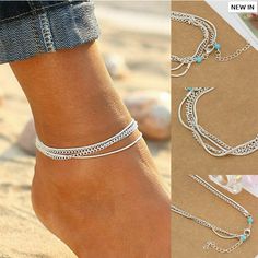 Alloy Layered Design Chain Silver Anklet Ankle Accessories, Leg Jewelry, Silver Chain Anklet, Rhinestone Anklet, Jewelry 2022, Hammered Silver Jewelry, Barefoot Sandal, Foot Bracelet, Turquoise Charm