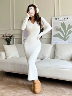 Women's Solid Color V-Neck Slim Fit Elegant Long Sleeve Sweater Dress, Autumn/Winter White Elegant  Long Sleeve Knitwear Plain  Medium Stretch  Women Clothing, size features are:Bust: ,Length: ,Sleeve Length: