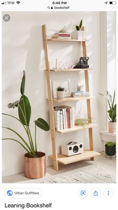 a wooden ladder shelf with books and plants