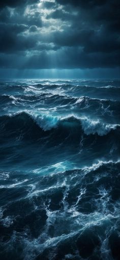 the ocean is full of waves under a dark sky with light coming from behind it