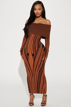 Available In Rust/combo. Sweater Maxi Dress Off Shoulder Long Sleeves Stretch Disclaimer Pattern Placement May Vary 77% Polyester 23% Nylon Imported | Alyssa Sweater Maxi Dress in Rust size 2X by Fashion Nova Fitted Maxi Dress Outfit, Knit Sweater Dress Outfit, Dress Off Shoulder Long, Maxi Sweater Dress, Dresses Sewing, Fall Maxi, Sweater Dress Outfit, Kente Styles, 00s Fashion