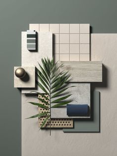 an abstract composition with palm leaves and geometric tiles on the wall, in grey tones