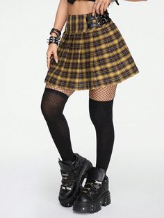 Women's College Pleated  Plaid Stitching PU Leather Button Skirt Yellow Casual   Polyester Plaid Pleated Non-Stretch  Women Clothing, size features are:Bust: ,Length: ,Sleeve Length: Yellow Plaid Skirt, Plaid Pleated Skirt, Button Skirt, Punk Outfits, Yellow Plaid, Pleated Mini Skirt, Plaid Skirts, Black Plaid, Black Crop Tops