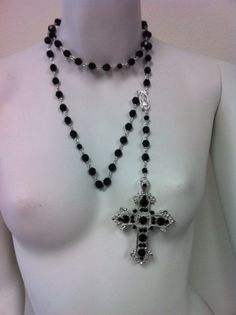 Crystal Rosary style necklace with large by MariannaHarutunian, $135.00 Cross Necklace With Beads, Gothic Rosary Necklace, Pretty Rosary, Crystal Rosary, Rosary Cross, Estilo Punk Rock, Rosary Style Necklace, Black Jet, The Embrace