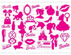 the silhouettes of princesses and their accessories are shown in pink on a white background