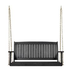 a black wooden swing with chains hanging from the front and back ends on an isolated white background