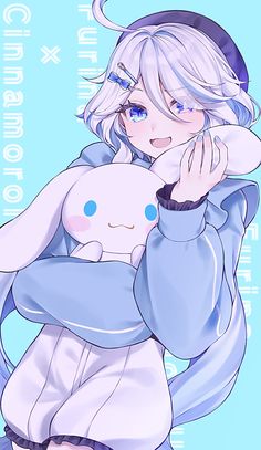 an anime character holding a stuffed animal in her arms and posing for the camera with blue eyes