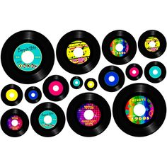 an assortment of different colored vinyl records