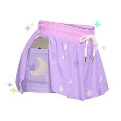 ⚝ Stardust Kitty Pocket Shorties | Moon Cat Space Pastel Alt clothing, Flowy Kawaii Shorts! Featuring Pastel and Cats  meets real fashion! They are stylish, soft, and they have pockets! ~ Features kawaii kitties, moons, and stars - inspired by kawaii and pastel. Pairs wonderfully with other pastel colors, light purple colors. You can dance, rave, exercise, and even sleep/ lounge in these fashionably flowy & feminine shorties. They are oh so flattering on the booty 💜✨ Makes a beautiful gift for Pastel Witch Outfit, Pastel Space Aesthetic Outfit, Casual Kawaii Outfits, Pastel Goth Skirts, Cat Themed Clothes, Moon Clothes, Pastel Goth Shorts, Space Clothes, Pastel Alt