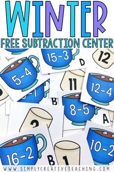 the winter subtraction center is filled with blue mugs and numbers to help students learn