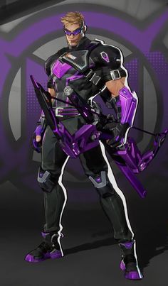 an animated character with purple and black armor