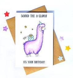 a birthday card with an image of a llama wearing a party hat