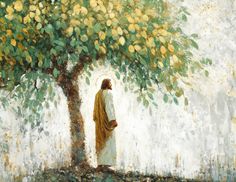 a painting of jesus standing under a tree