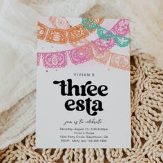 an image of a birthday party card with the word three esta on it in black and white